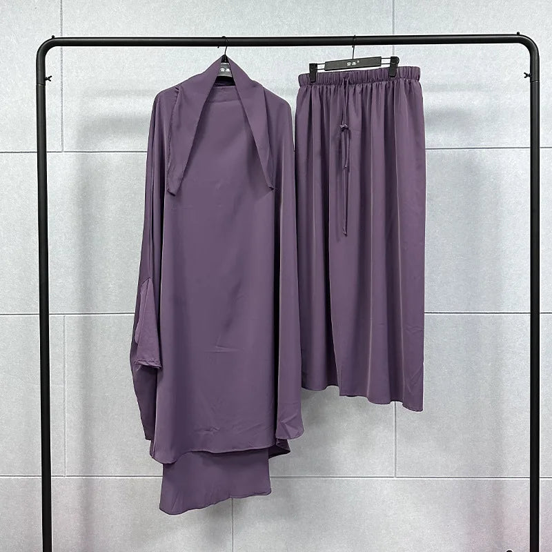2PCS Women Eid Hooded Muslim Hijab Dress Set Prayer Garment Robes Abaya Khimar Full Cover Ramadan Gown Abayas Islamic Clothing