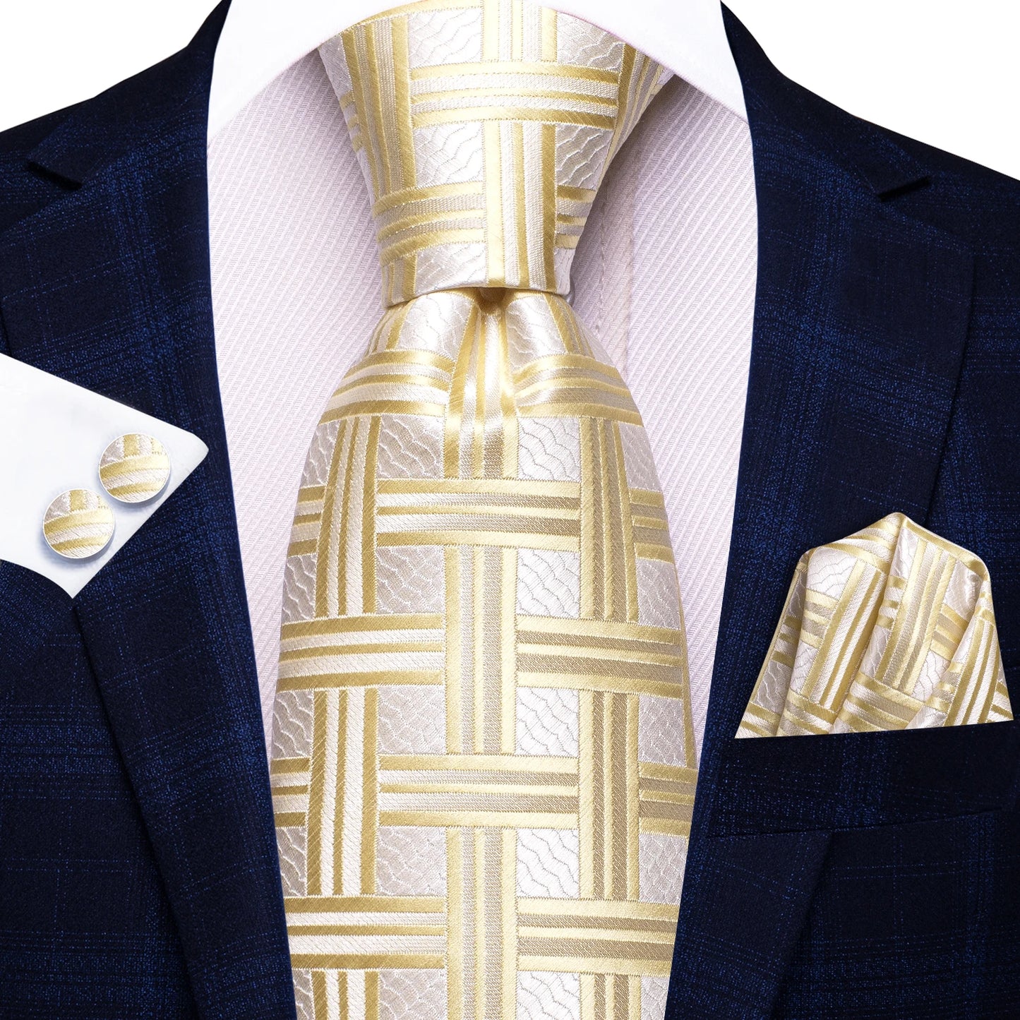 Hi-Tie Fashion 8.5cm Black Plaid Dots Men's Elegant Tie Handkerchief Cufflinks Set Wedding Party Accessories Gift for Men Gravat