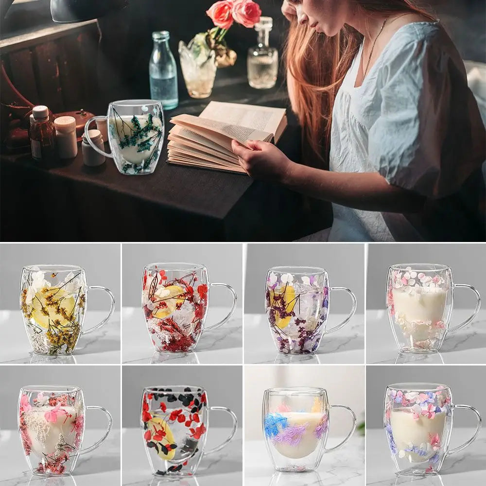 Dried Flowers Double Walled Coffee Mug 350ml Dried Flowers Glass Mugs Unique Creative Flower Mug with Handle Anti-Scalding Mug