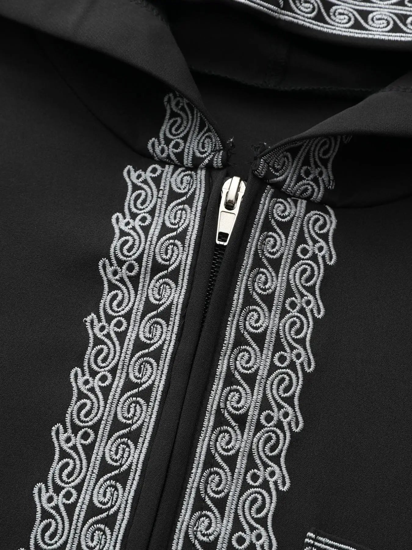 Muslim Men's Black Hooded Zippered Embroidered Robe for Festival Prayer And Worship Clothing