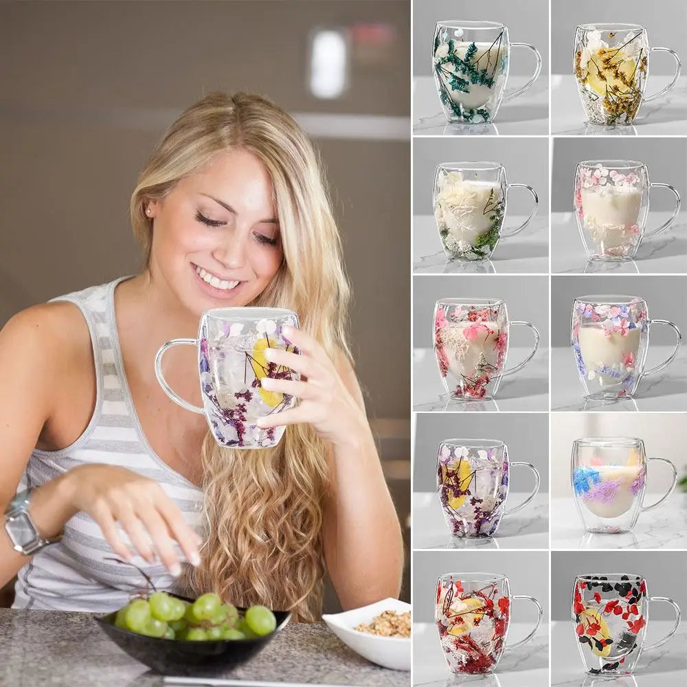 Dried Flowers Double Walled Coffee Mug 350ml Dried Flowers Glass Mugs Unique Creative Flower Mug with Handle Anti-Scalding Mug