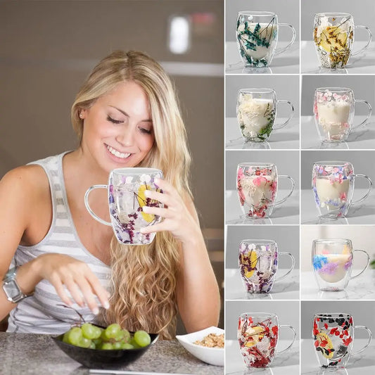 Dried Flowers Double Walled Coffee Mug 350ml Dried Flowers Glass Mugs Unique Creative Flower Mug with Handle Anti-Scalding Mug