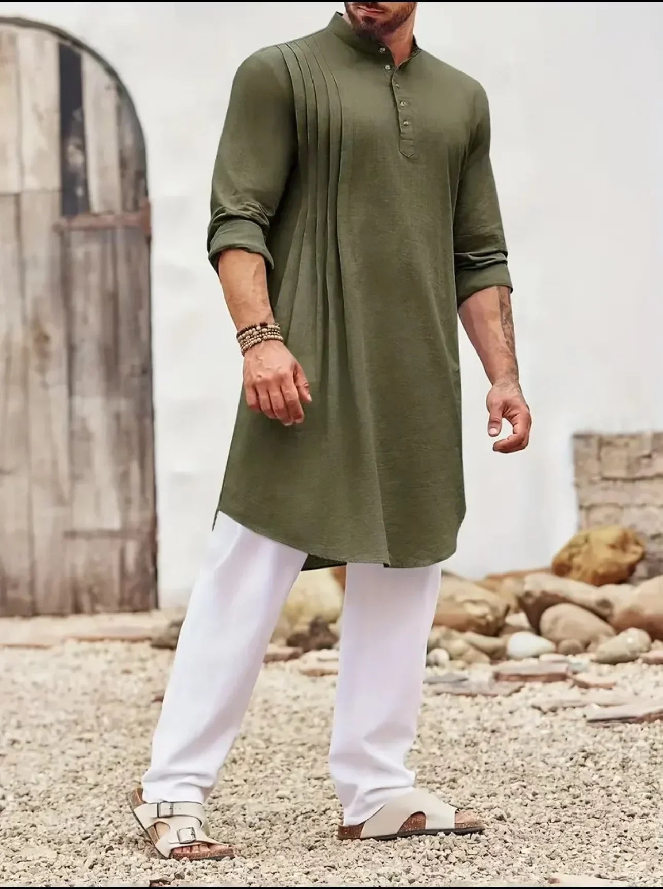 2025 New Muslim Middle East Arab Malaysia Men's Button Cotton Line Shirt Muslim Robe