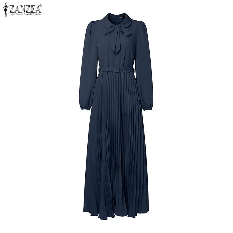 Elegant Muslim Dress Abaya ZANZEA Women 2025 Autumn Dresses Long Lantern Sleeve Pleated Sundress Belted Robe Femme Party Vestido