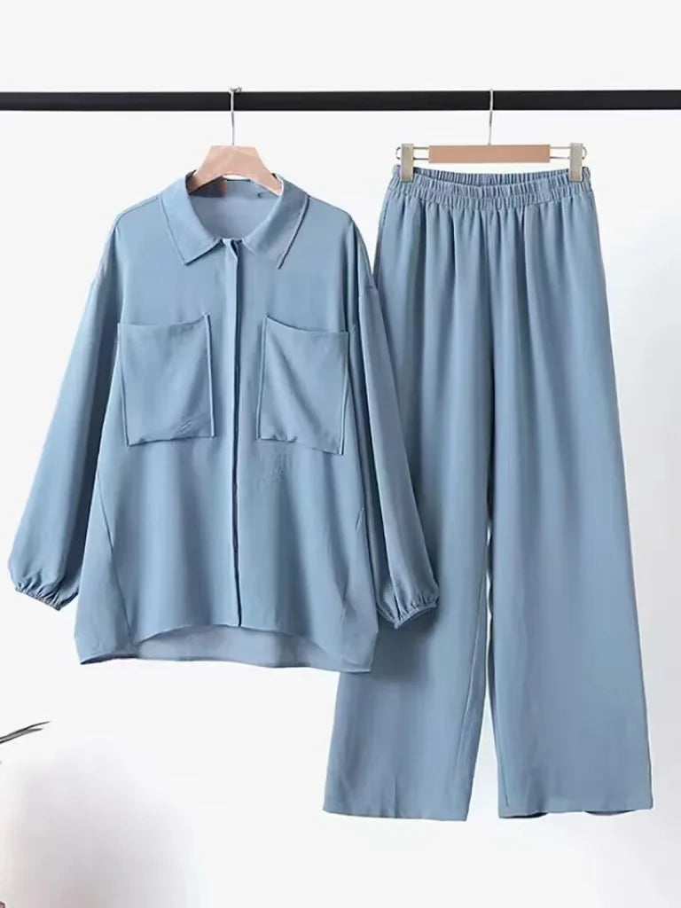 Women Casual Muslim Suit Solid Abaya Eid Ramadan Long Sleeve Blouse+Pants 2 Piece Set Dubai Turkey Kaftan Women Islamic Clothing