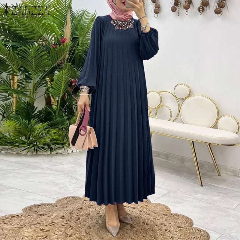 ZANZEA Women Muslim Fashion Dresses Elegant Long Lantern Sleeve Loose IsIamic Vestidos Kaftan Solid Pleated Sundress Robe Femme