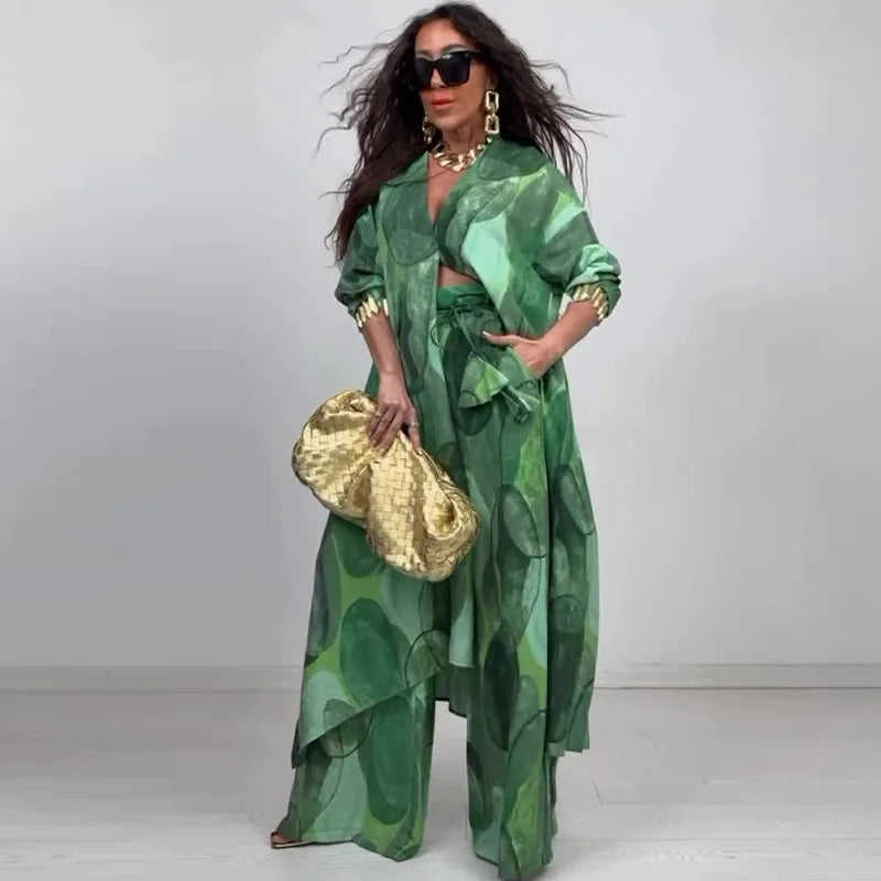 Eid Muslim Suits Women Print Blouses Wide Leg Pants Set Two Piece Musulman Ensemble Dubai Arabic Morocco Islam Casual Ramadan