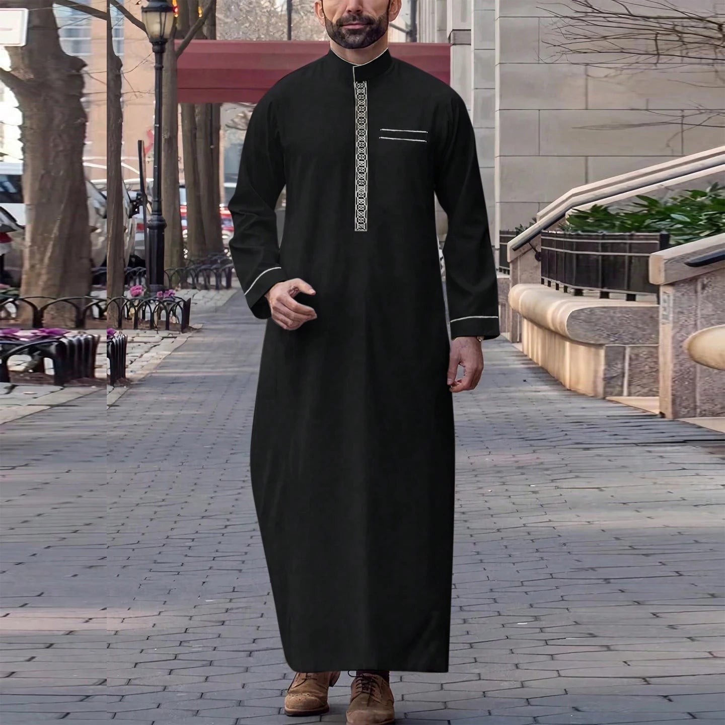 Arab Muslim Men's Robe  Ethnic Style Embroidered Moroccan Style Casual Traditional Islamic Thobe Long Dress Prayer Gown