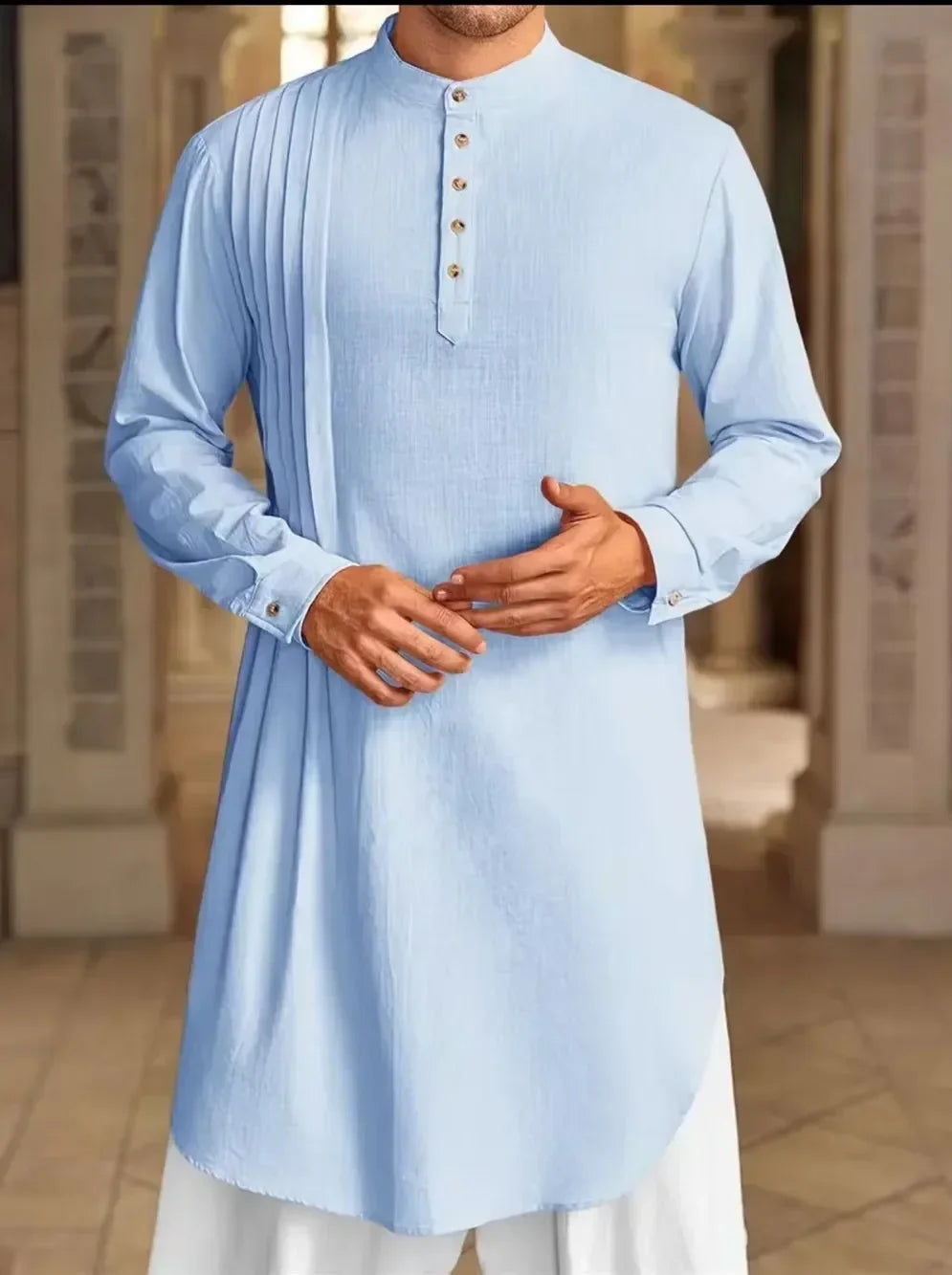 2025 New Muslim Middle East Arab Malaysia Men's Button Cotton Line Shirt Muslim Robe