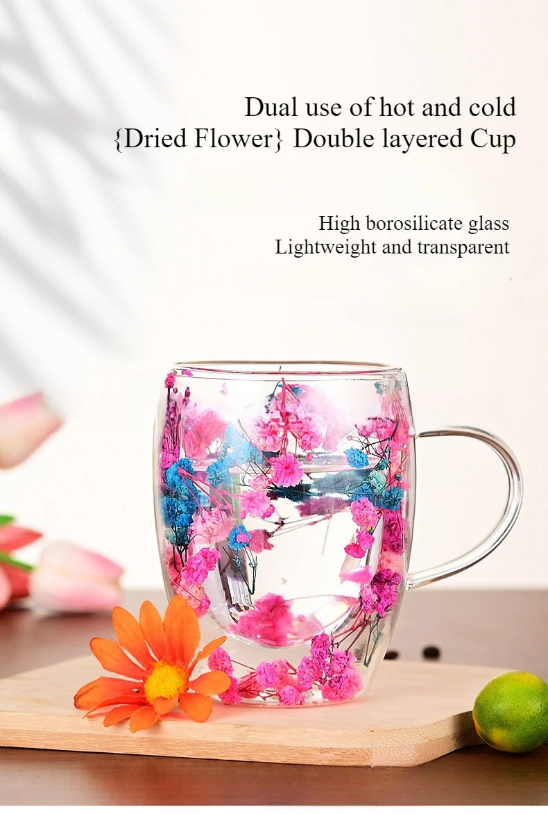 350ml Double Wall Espresso Coffee Cup Handle Flower Pattern Creative Transparent Hot Iced Beverage Beer Whisky Wine Glass Mug