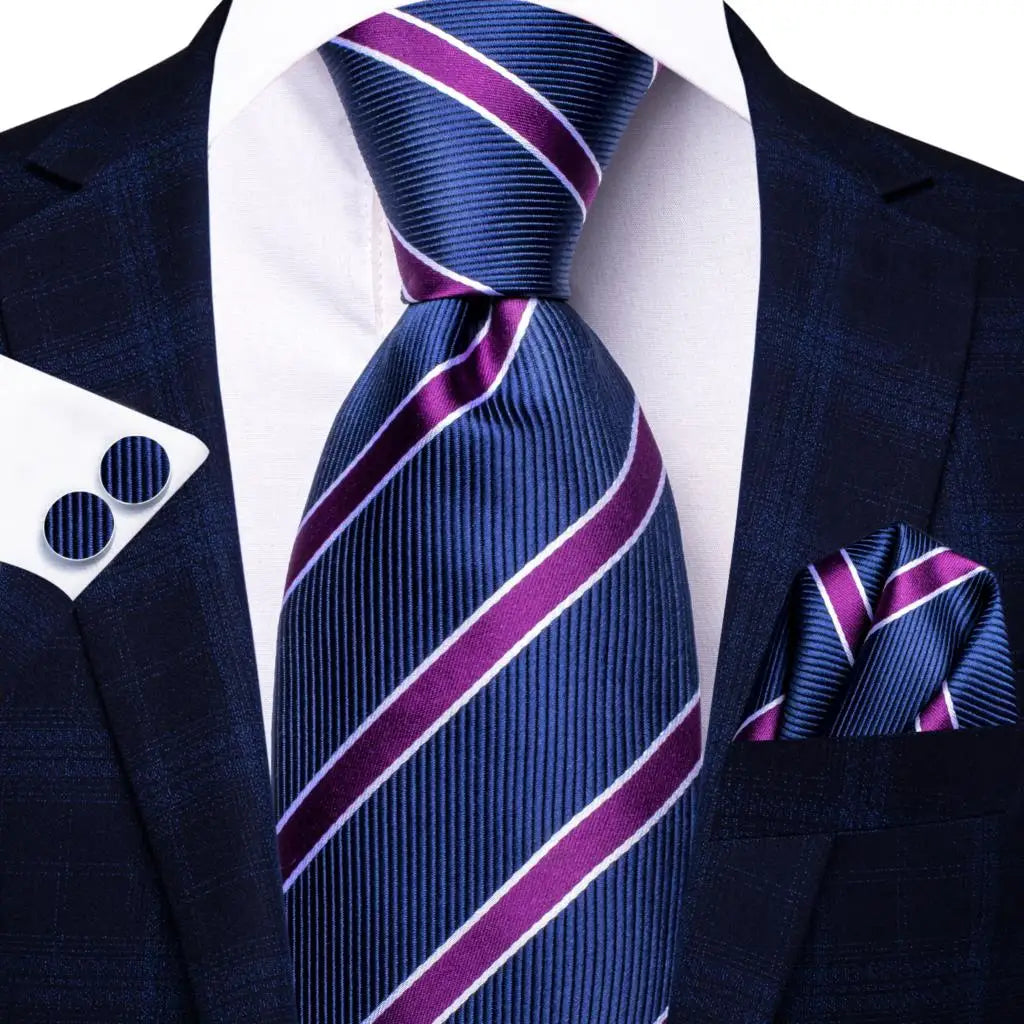 Hi-Tie Men Fashion Striped Navy Blue Necktie Handkerchief Cufflinks for Tuxedo Accessory Classic Silk Luxury Tie for Man Gift