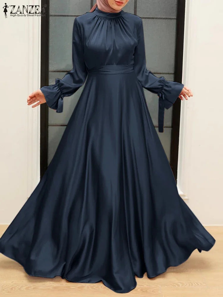 Elegant Muslim Dress Abaya Women Long Dress 2025 ZANZEA Long Sleeve Satin Party Sundress Robe Femme Turkey Hijab Vestidos Kaftan