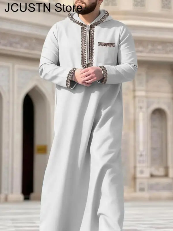 Muslim Men's Robes Hooded Embroidered Robes Arabic Thobe Ethnic Style Traditional Casual Thawb Islamic Prayer Clothes Moroccan
