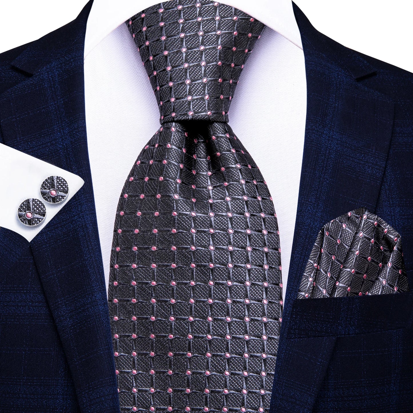 Hi-Tie Fashion 8.5cm Black Plaid Dots Men's Elegant Tie Handkerchief Cufflinks Set Wedding Party Accessories Gift for Men Gravat