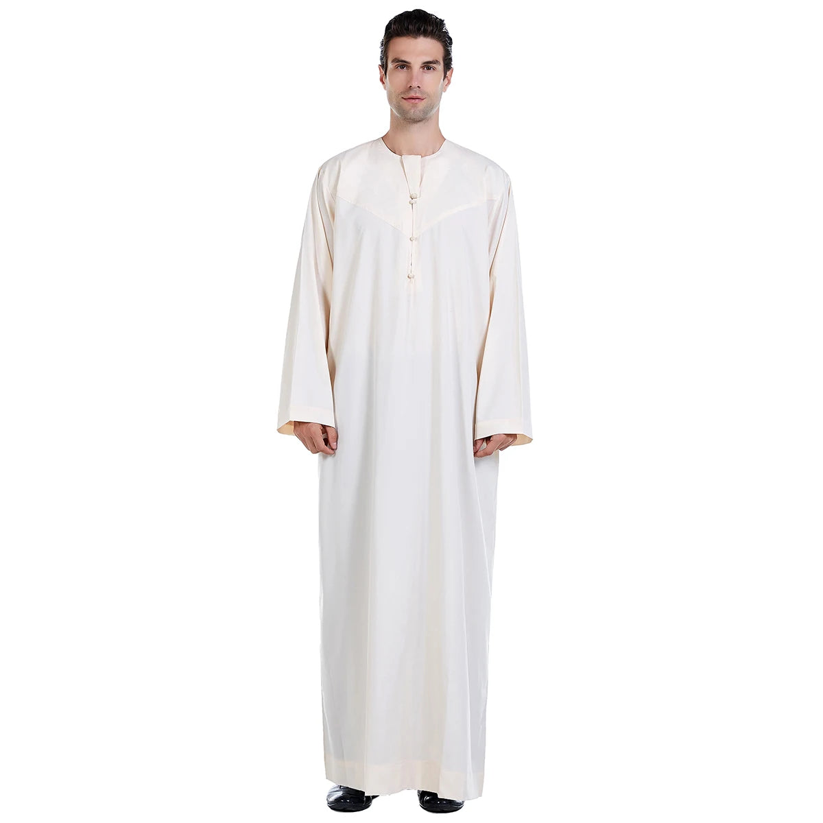 TH817 Men's Muslim Middle Eastern Men Long Sleeves Pure Color Handmade Buckle Robe Ramadan Eid Jubba Thobe
