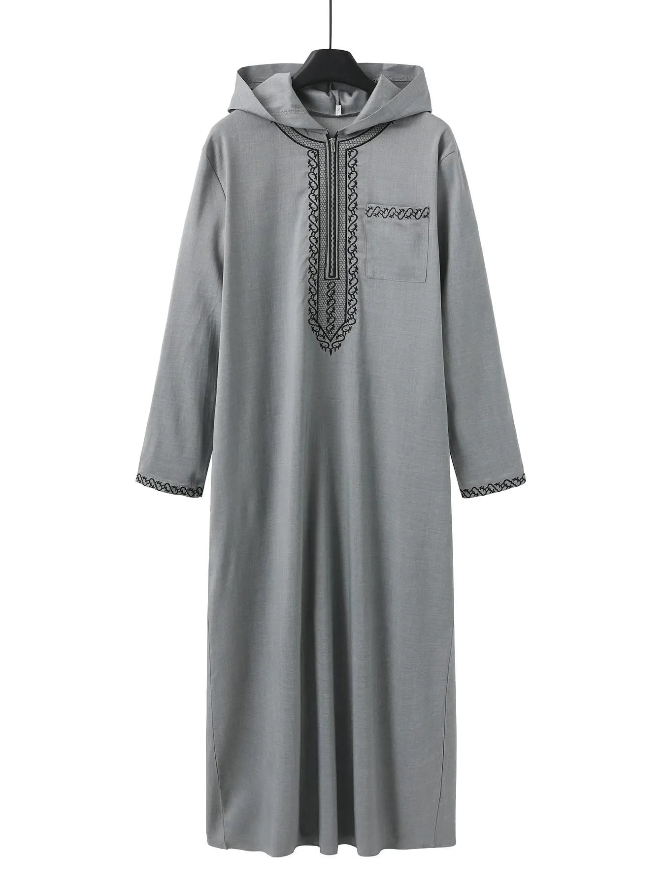 Muslim Men's Black Hooded Zippered Embroidered Robe for Festival Prayer And Worship Clothing
