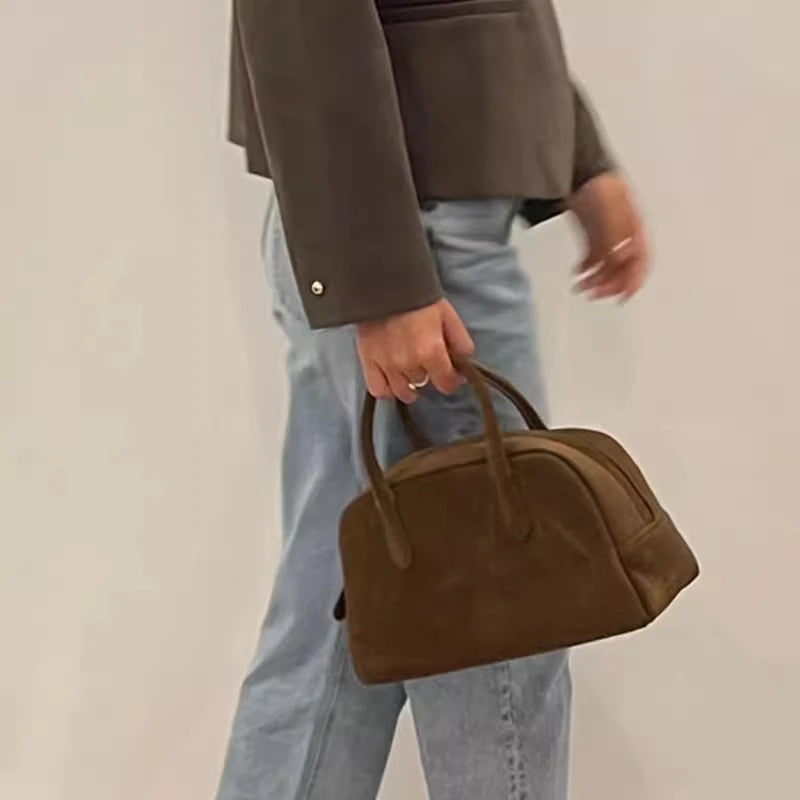 Nothingwritten Suede Leather Bowling Bag Handheld Boston Bag Women's Handbag Korean Sle Hard Handle Canvas  Zipper Cl...