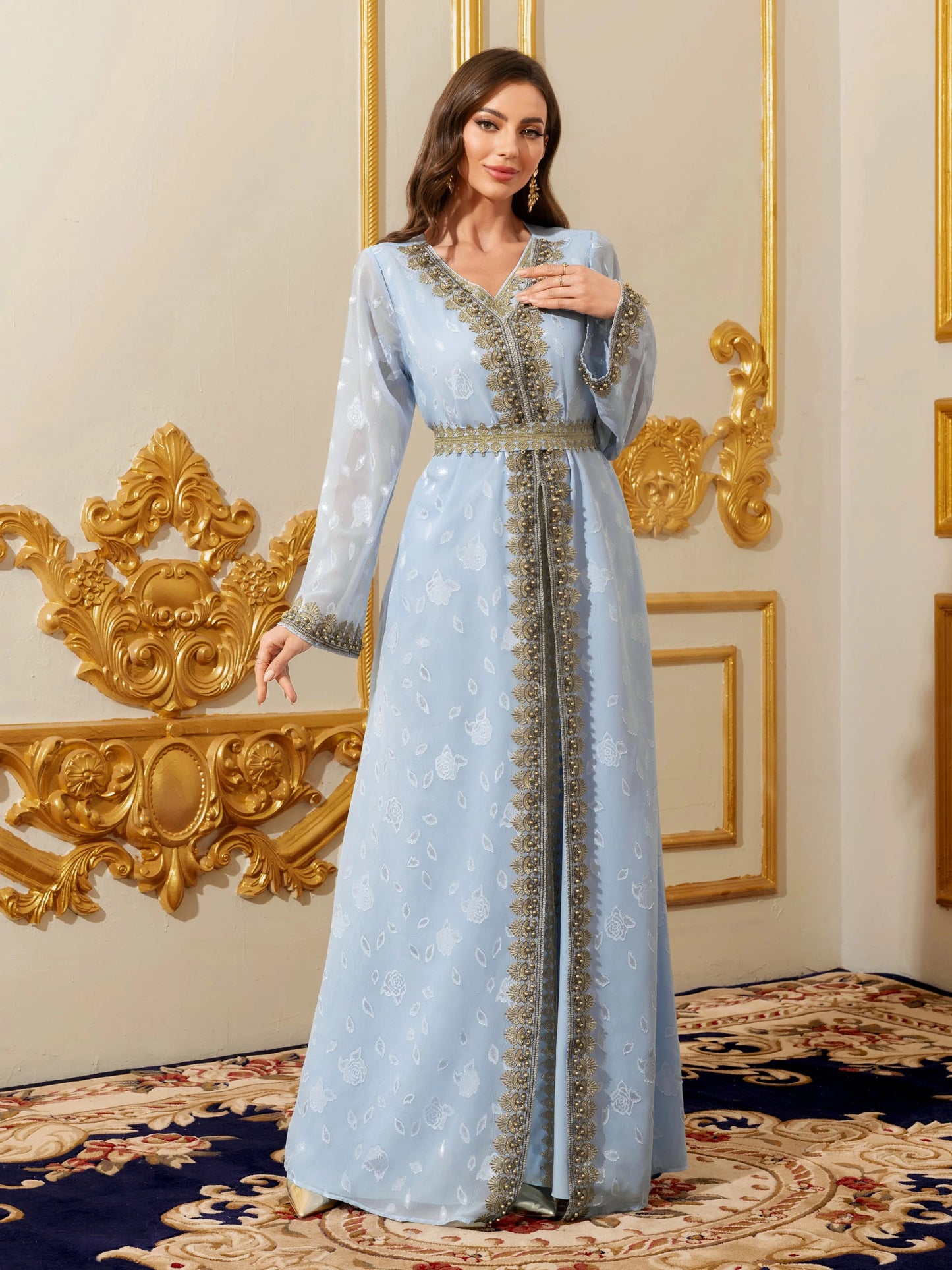 Muslim Abayas Moroccan Floral Maxi Kaftan Dress for Women Arabic Islamic Dubai Robe Ramadan Prayer Clothing
