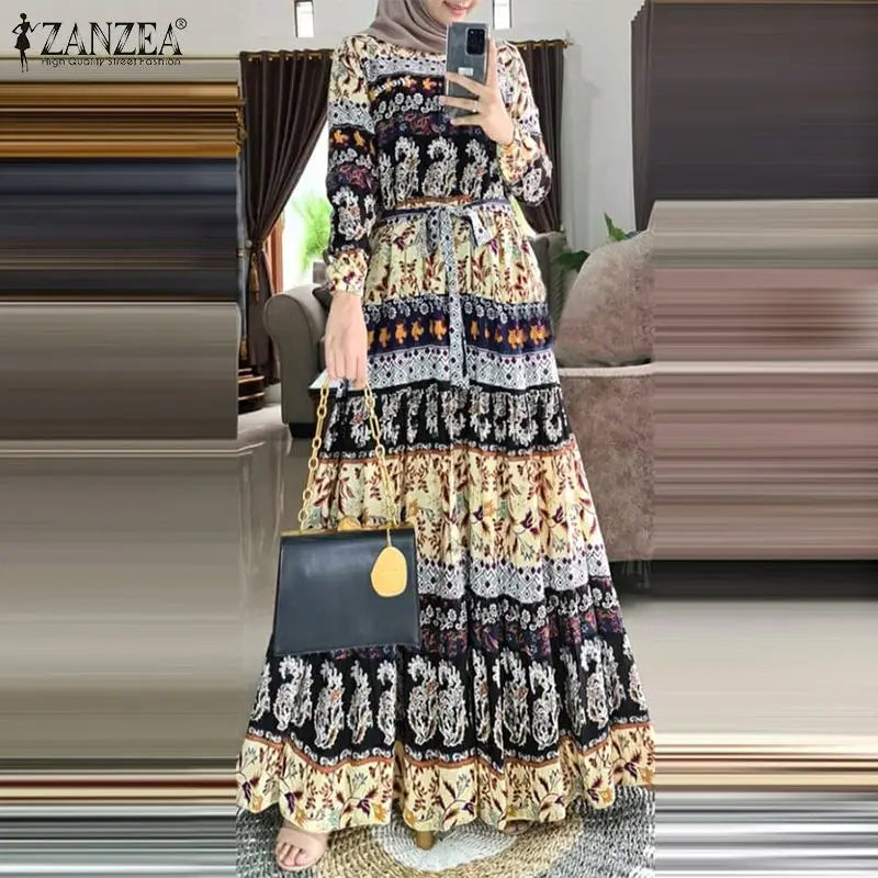 ZANZEA Bohemian Muslim Abaya Women Elegant Robe Stylish Floral Printed Maxi Dresses Casual Loose Ramadan Vestidos Kaftan 2024