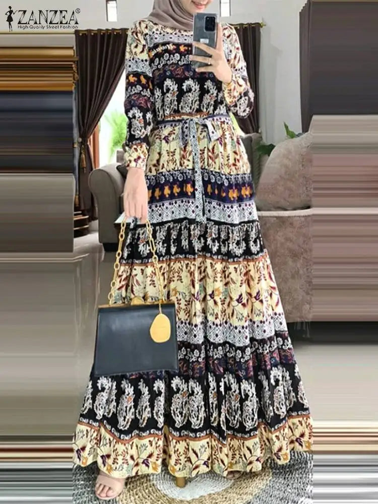 ZANZEA Bohemian Muslim Abaya Women Elegant Robe Stylish Floral Printed Maxi Dresses Casual Loose Ramadan Vestidos Kaftan 2024