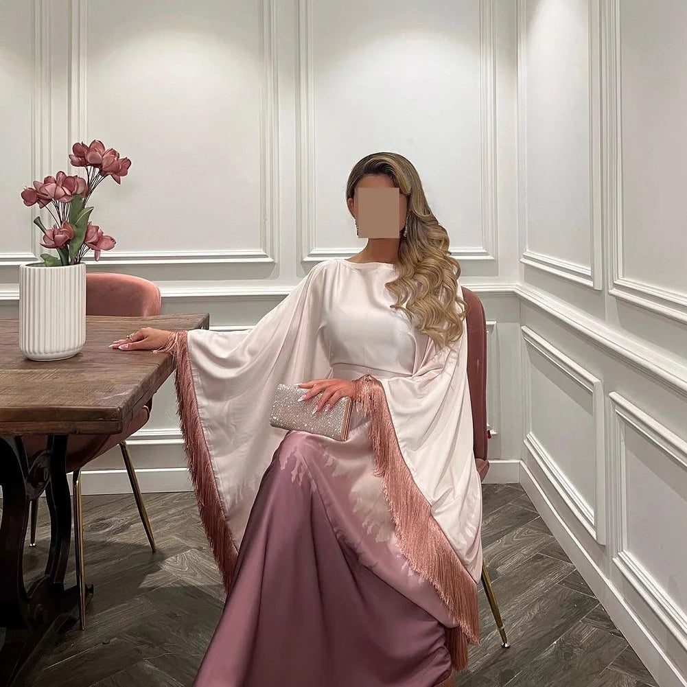Modest Muslim Batwing Sleeve Gradient Color Tassel Kaftan Eid Al Adha Party Evening Dresses Moroccan Turkey Dubai Abaya Islam