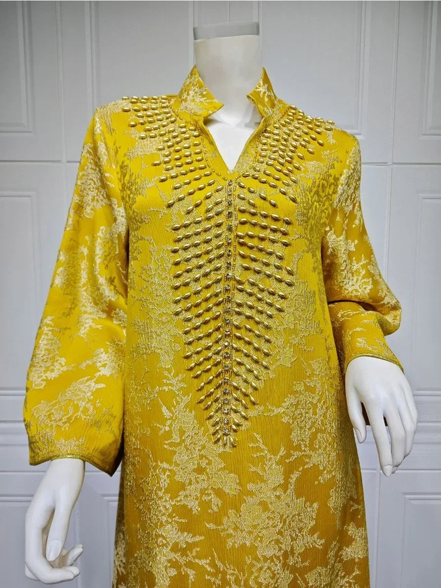 Eid Muslim Dress for Women Abaya Beading Stand Collar Jalabiya Morocco Party Dresses Abayas Kaftan Abaya Vestidos Arab Long Robe