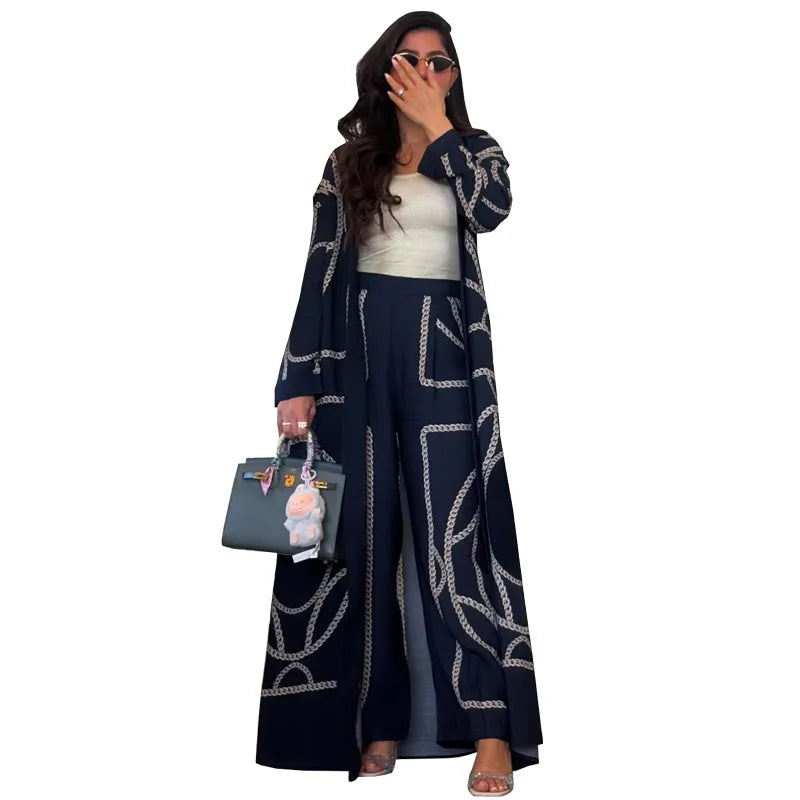 2 Piece Muslim Sets Women 2026 Eid Casual Abaya Print Long Caot+Pants Suits Kimono Ramadan 2pcs Set Jilbab Kebaya Islam Clothing