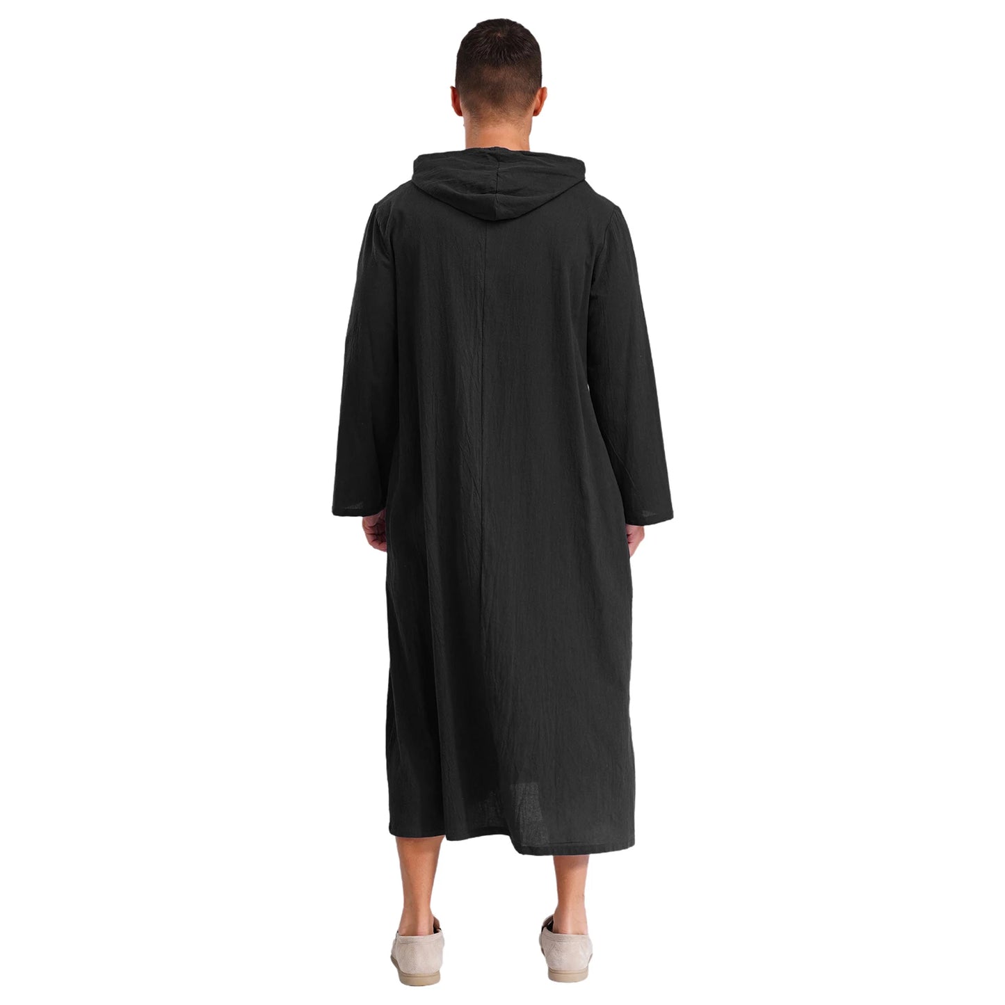Mens Jubba Thobes Linen Muslim Robe Hooded with Pockets Middle East Islam Arabic Moroccan Kaftan Eid Prayer Long Robe Dress