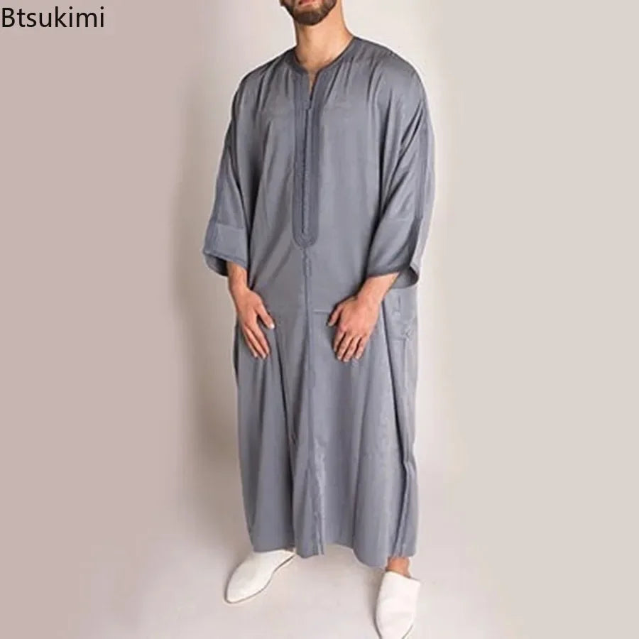 New 2026 Muslim Men Abaya Arabic Islamic Clothing Loose Shirt Robe Jubba Thobe Ethnic Print Saudi Arab Middle East Male Vestidos