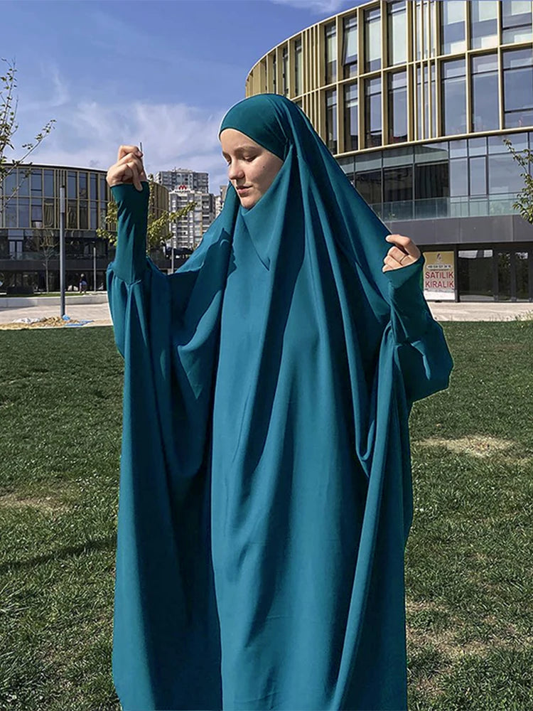 2PCS Women Eid Hooded Muslim Hijab Dress Set Prayer Garment Robes Abaya Khimar Full Cover Ramadan Gown Abayas Islamic Clothing