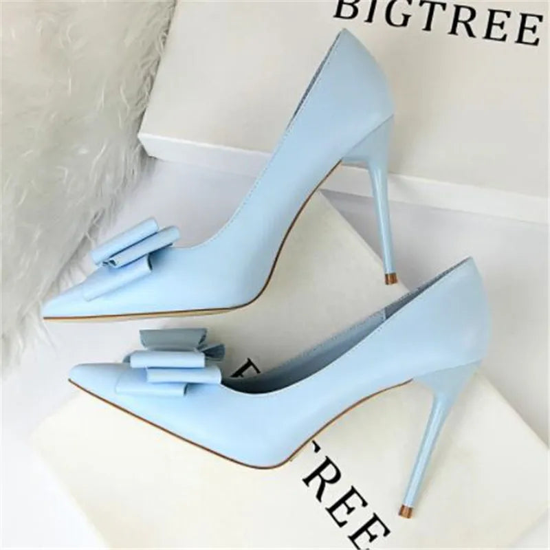 2025 Fashion Delicate Sweet Bowknot High Heel Shoes Side Hollow Pointed Women Pumps Pointed Toe 10.5CM thin Dress Shoes