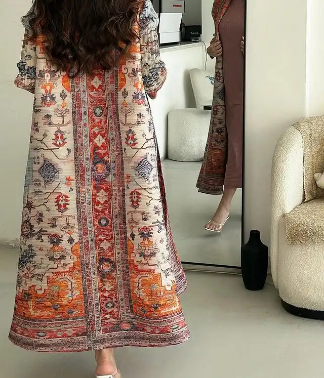 Women's Middle Eastern Muslim geometric print long robe, suitable for Ramadan, factory direct wholesale, long Muslim robe.