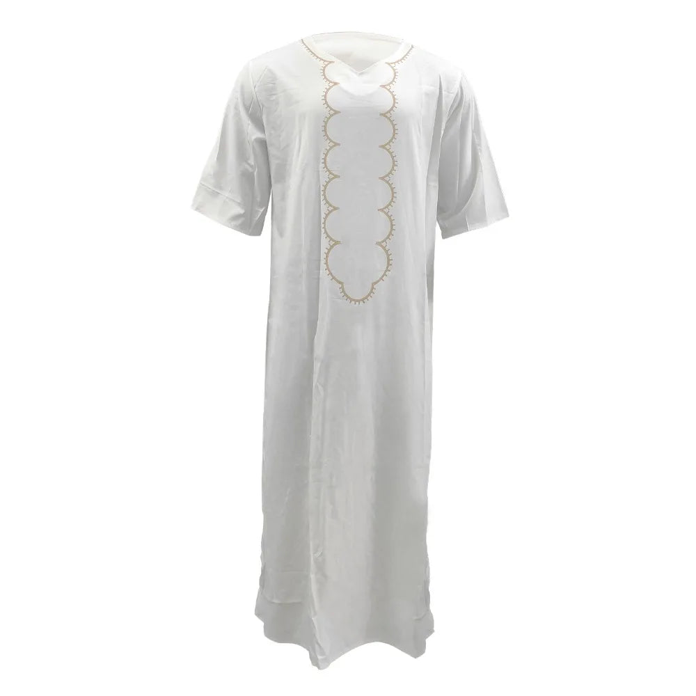 Men's Arabian Thobe - Summer V-Neck Short Sleeve Robe, Loose Fit Muslim Islamic Clothing for Casual Wear