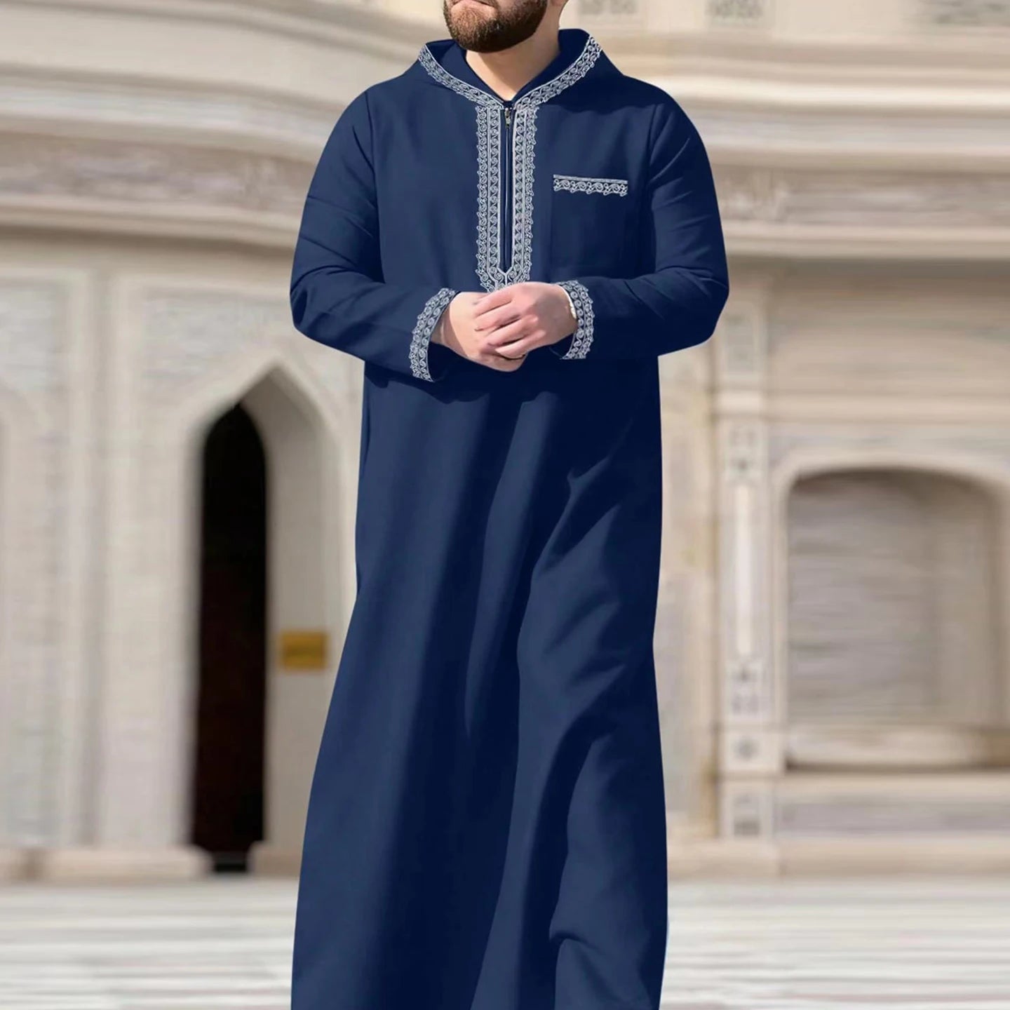 New Muslim Men's Thobe Embroidery Splicing Moroccan Luxury Elegant Robe Kandora Men's Burqa Islamic Loose Traditional Clothing