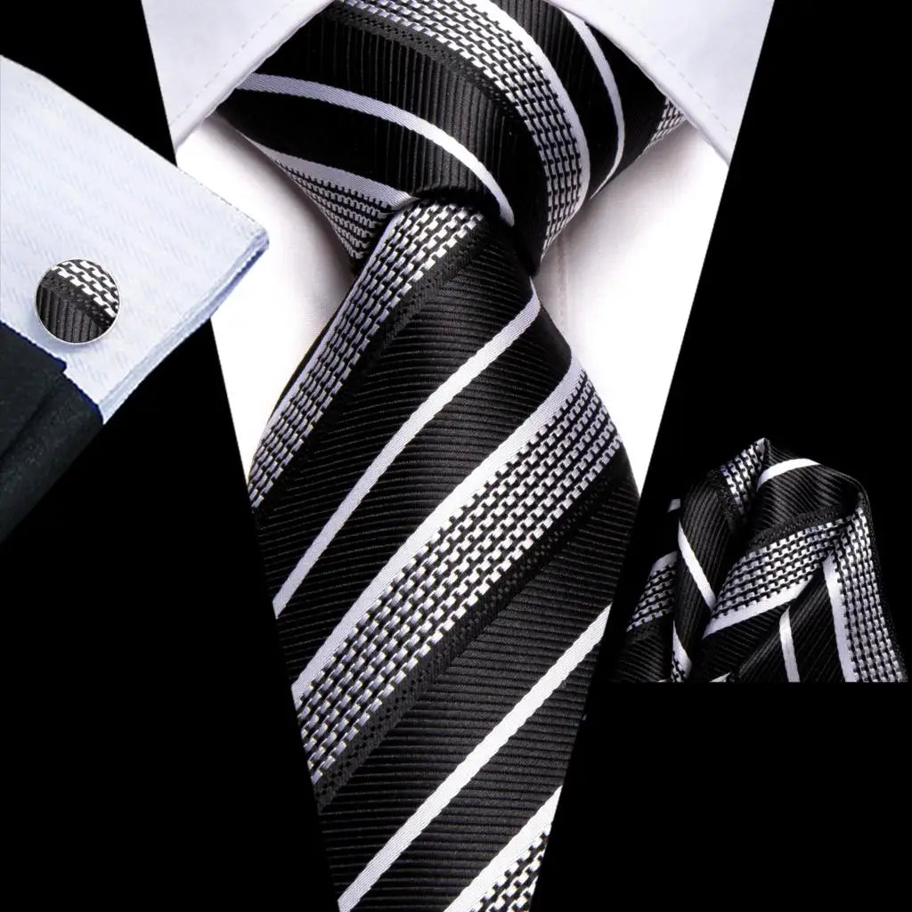 Hi-tie Design Black Solid Dot Silk Wedding Tie For Men Hanky Cufflink Gift Men Necktie Gravata Set Fashion Business Dropshipping