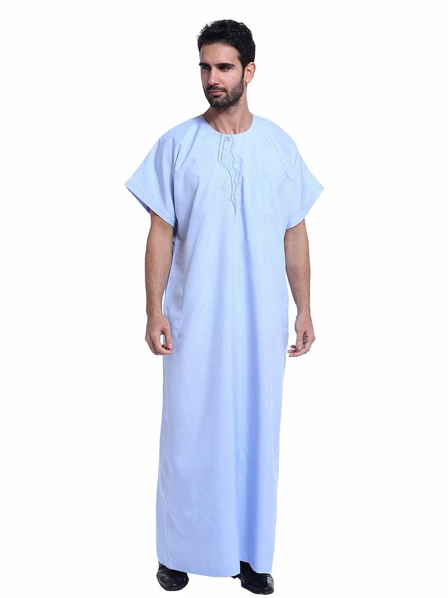 Muslim Kaftan for Men Round Collar Blue White Spring Elegant Robe Arab Vintage Long Sleeves Thobe Robe Turkey Embroidered