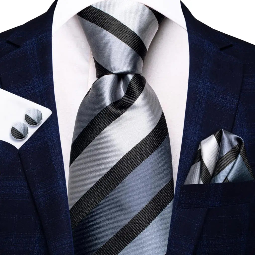 Hi-Tie Men Fashion Striped Navy Blue Necktie Handkerchief Cufflinks for Tuxedo Accessory Classic Silk Luxury Tie for Man Gift