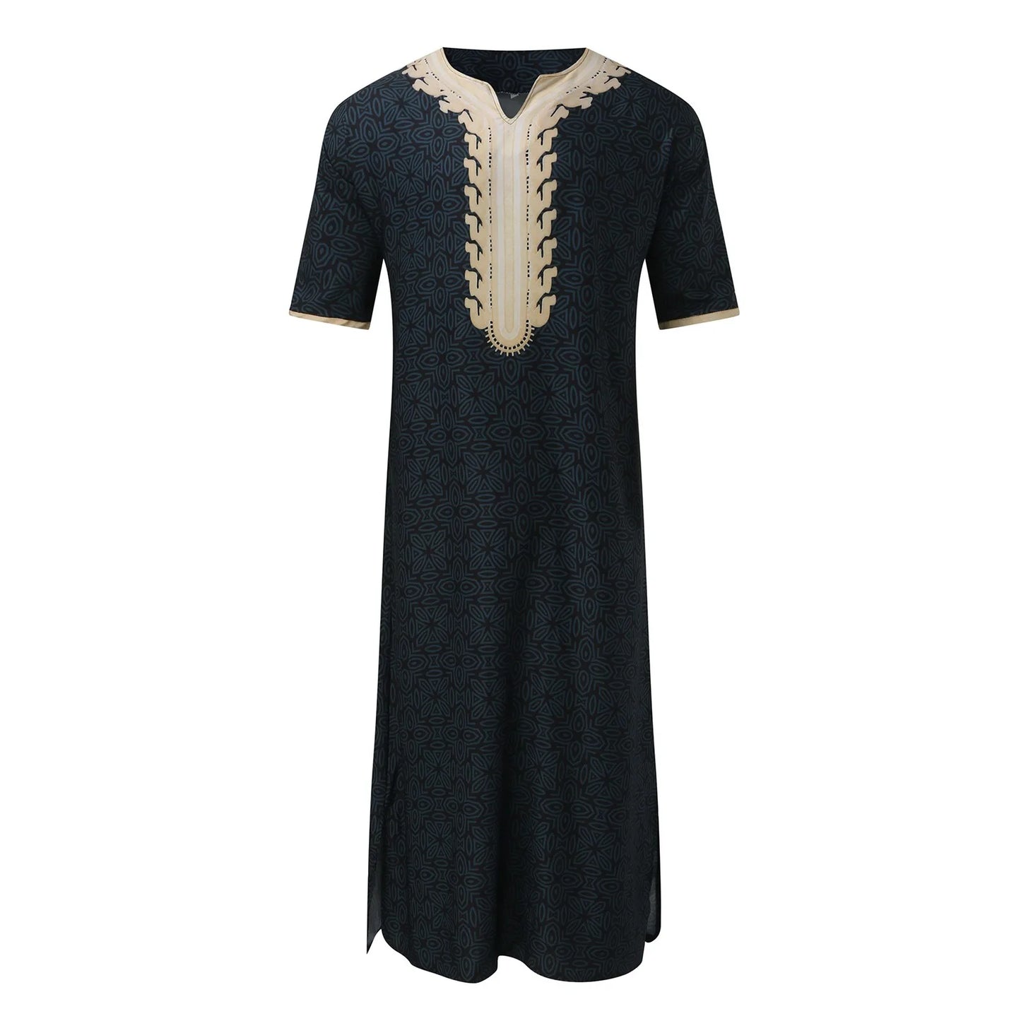 Moroccan Embroidered Islam Kaftan Muslim Clothing Men's Robe Half Sleeve V-Neck Loose Breathable Djellaba Abaya Thobe Caftan