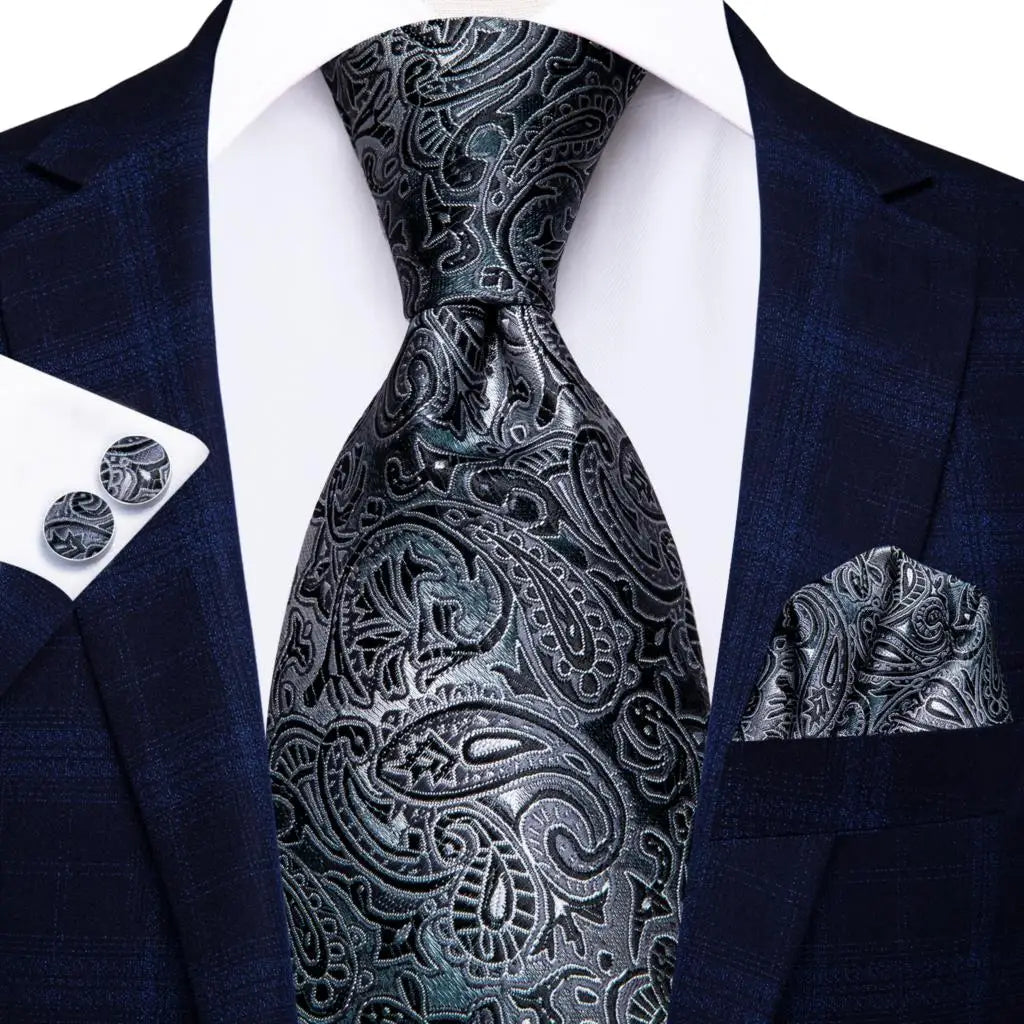 Hi-tie Design Black Solid Dot Silk Wedding Tie For Men Hanky Cufflink Gift Men Necktie Gravata Set Fashion Business Dropshipping