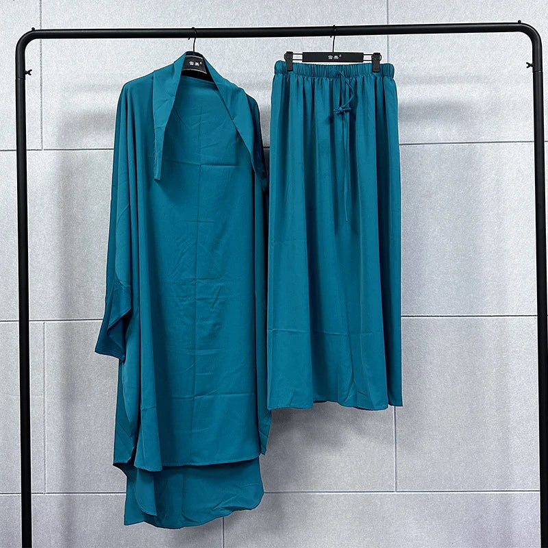 2PCS Women Eid Hooded Muslim Hijab Dress Set Prayer Garment Robes Abaya Khimar Full Cover Ramadan Gown Abayas Islamic Clothing