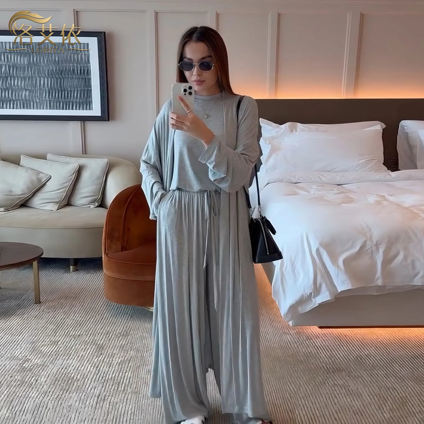 Muslim 3 Piece Set Women Cardigan Shirt Wide Leg Pant Blouse Top Suit Musulman Ensemble Dubai Casual Femme Outfits Solid Casual