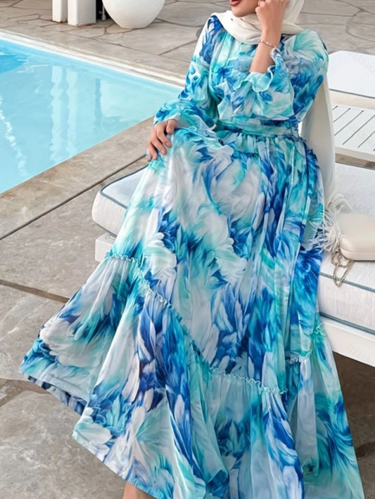 Eid Women Dress Abaya Muslim Boho Tie Dye Print Maxi A-line Ramadan Jalabiya Dubai Long Robe Kaftan Islam Vestidos Largos 2025