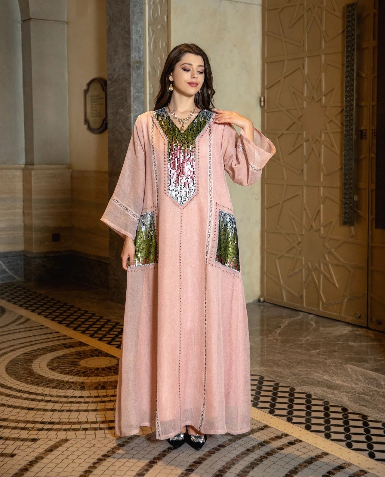 Eid Muslim Party Dress for Women Abaya Sequins Maxi Evening Long Dresses Jalabiya Morocco Dubai Abayas Kaftan Vestidos Long Robe