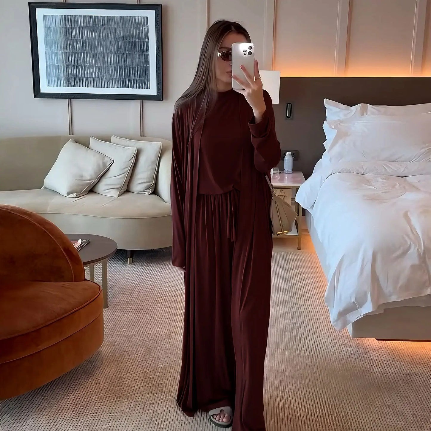 Muslim 3 Piece Set Women Cardigan Shirt Wide Leg Pant Blouse Top Suit Musulman Ensemble Dubai Casual Femme Outfits Solid Casual