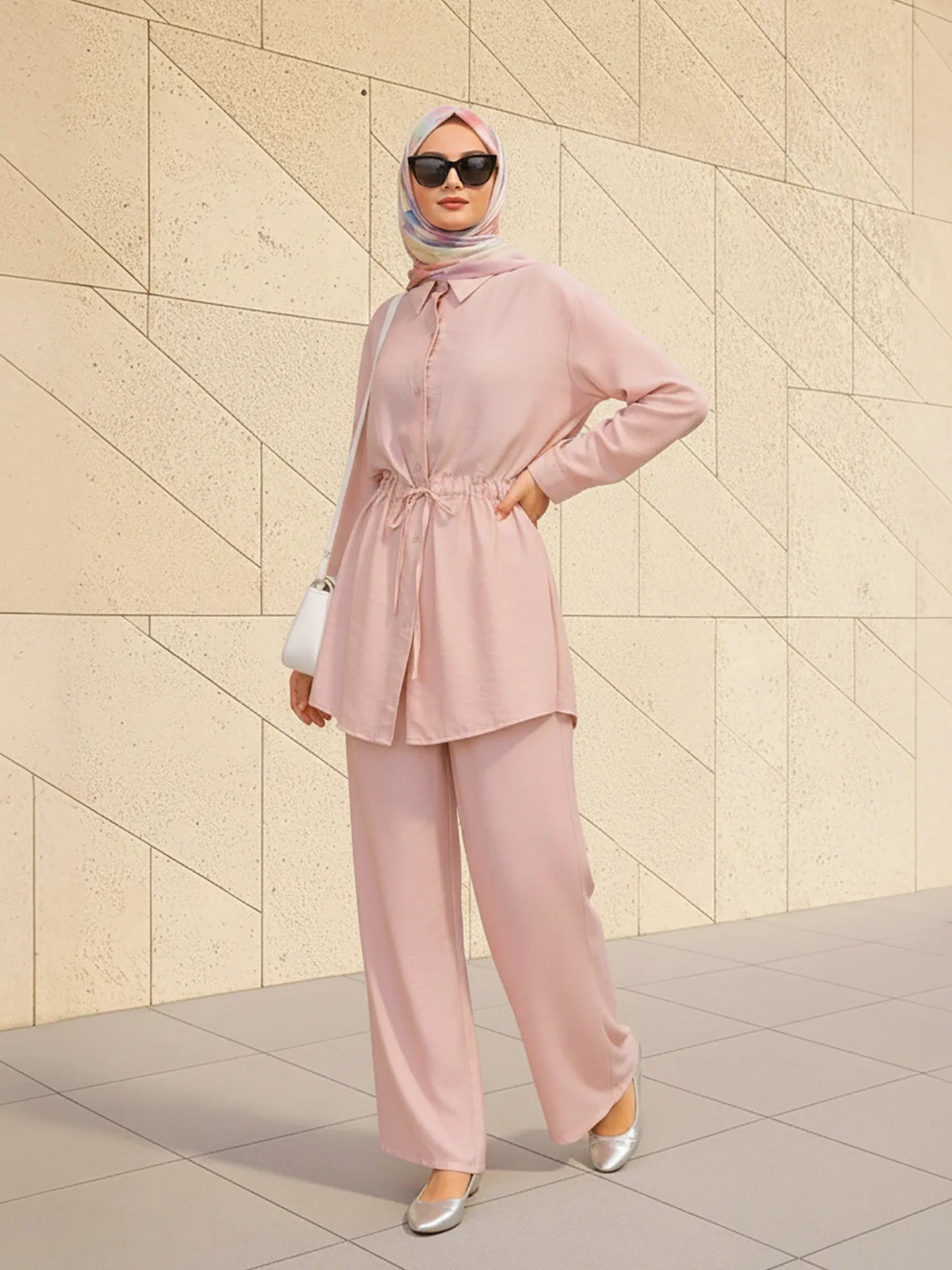 Turn Down Collar Rope Laced 2 Piece Set Women Clothing Wide Leg Pants Ramadan Prayer Dubai Islamic Clothes Turkish Abaya