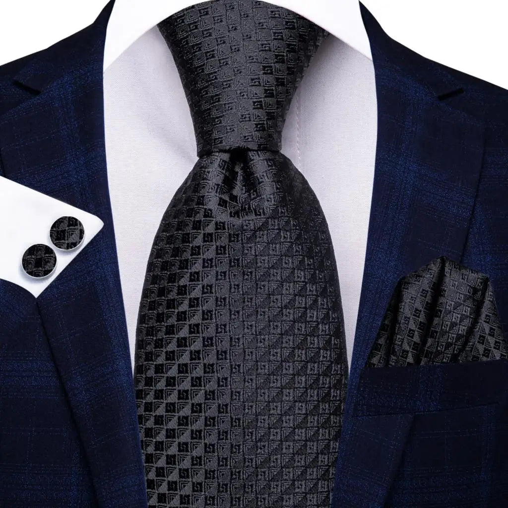 Hi-tie Design Black Solid Dot Silk Wedding Tie For Men Hanky Cufflink Gift Men Necktie Gravata Set Fashion Business Dropshipping