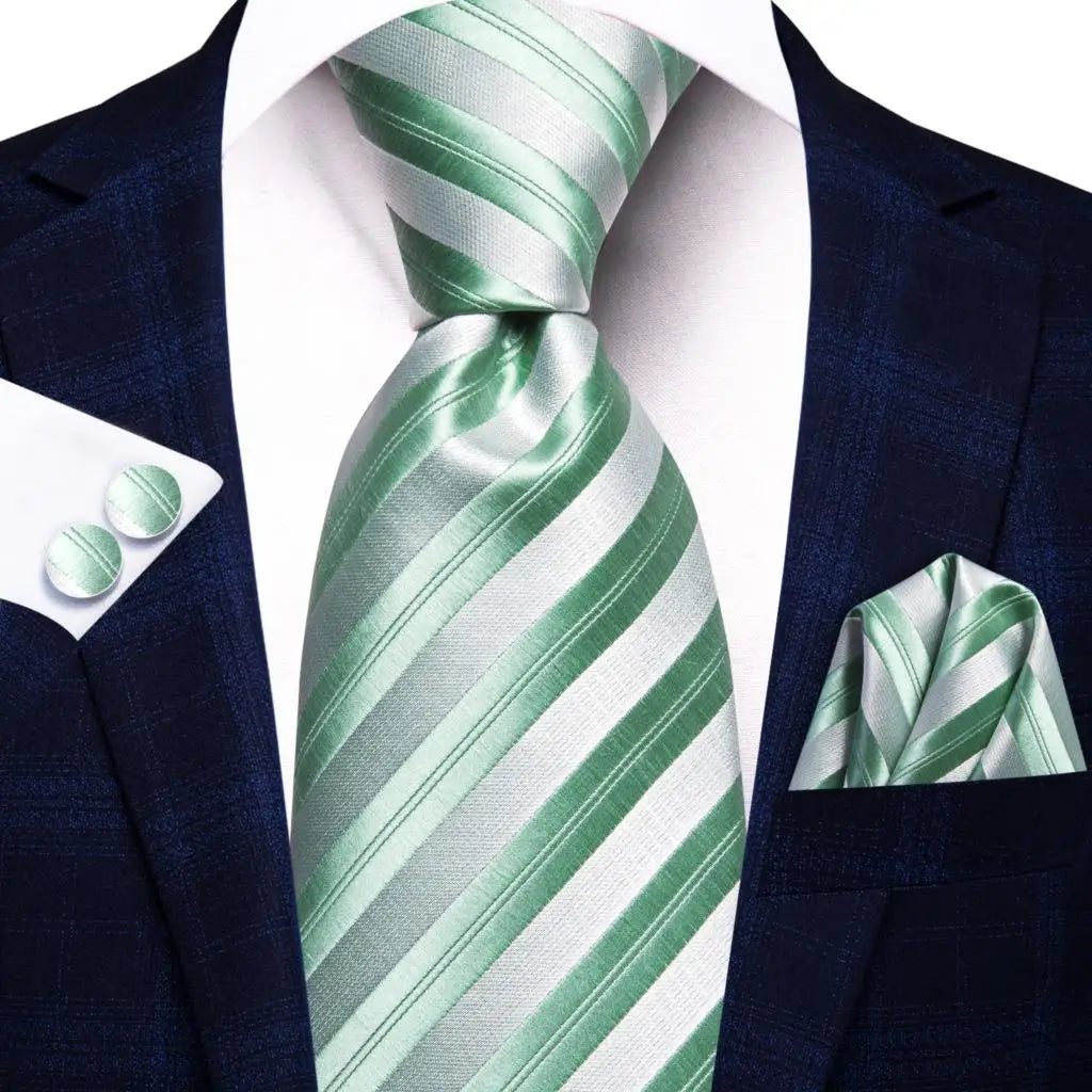 Hi-Tie Men Fashion Striped Navy Blue Necktie Handkerchief Cufflinks for Tuxedo Accessory Classic Silk Luxury Tie for Man Gift