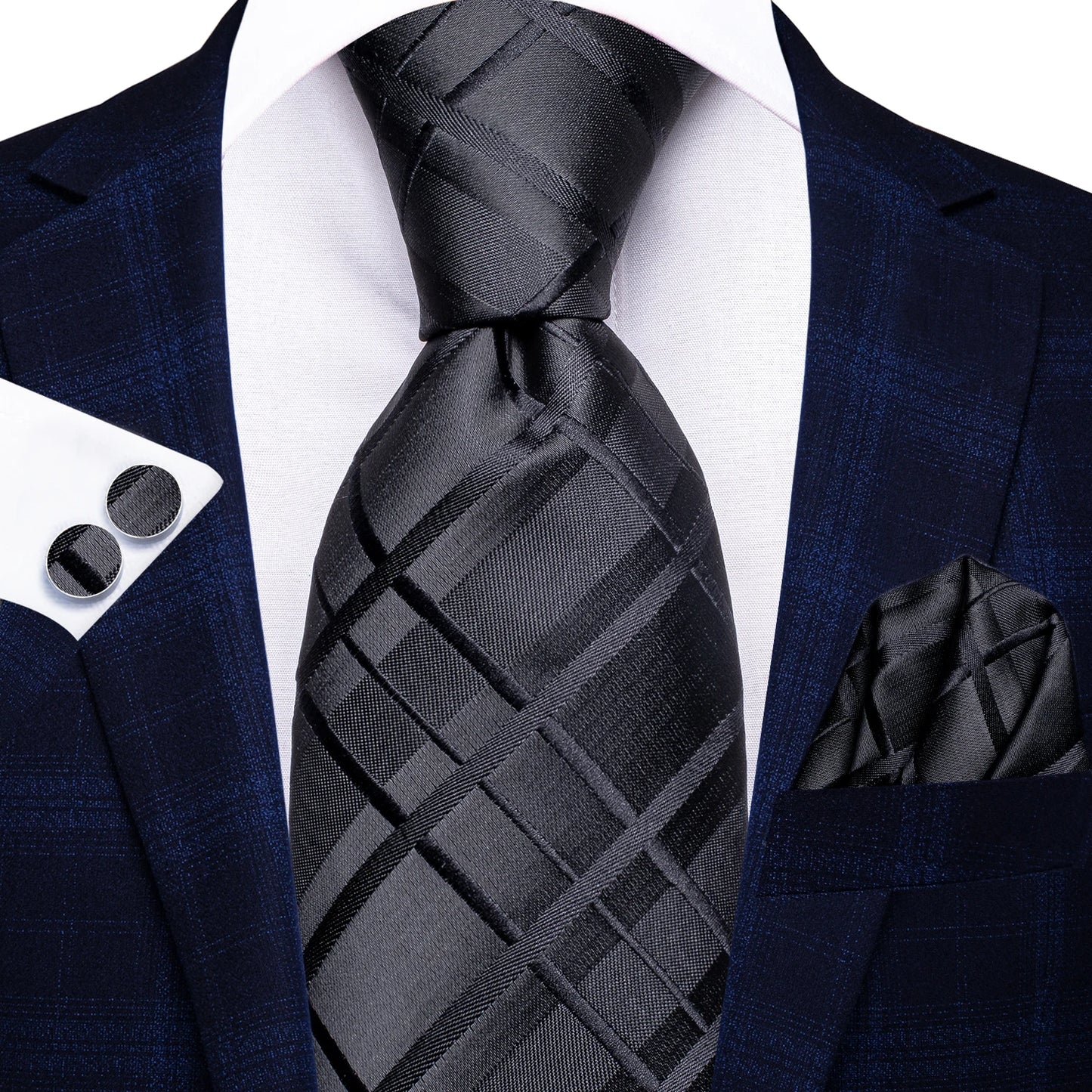 Hi-Tie Fashion 8.5cm Black Plaid Dots Men's Elegant Tie Handkerchief Cufflinks Set Wedding Party Accessories Gift for Men Gravat