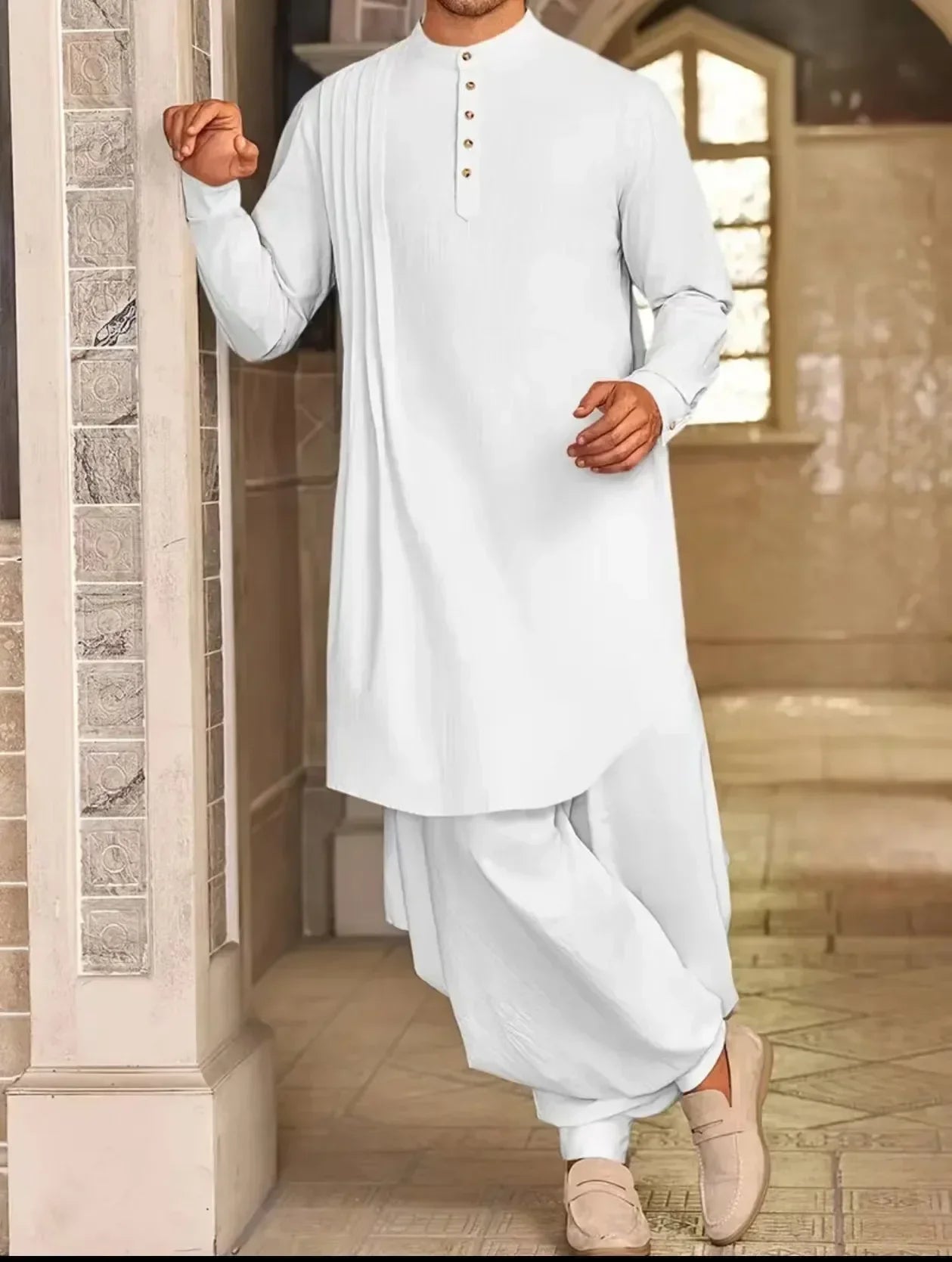 2025 New Muslim Middle East Arab Malaysia Men's Button Cotton Line Shirt Muslim Robe