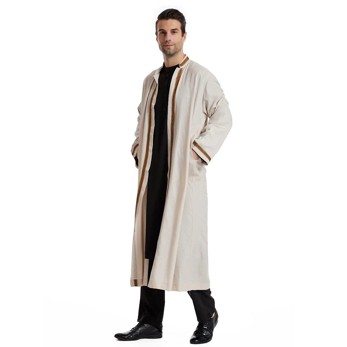 Elegant Bisht for Men Arabic Thobe Outer Robe Fashion Embroidery Islamic Jubba Kaftan Formal Ceremony Wear